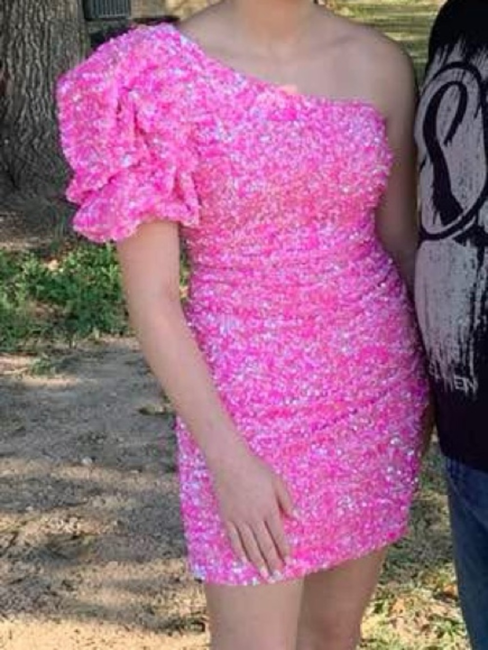 One-Shoulder Pink Sequin Mini Dress with Dramatic Puff Sleeve Colors Brand